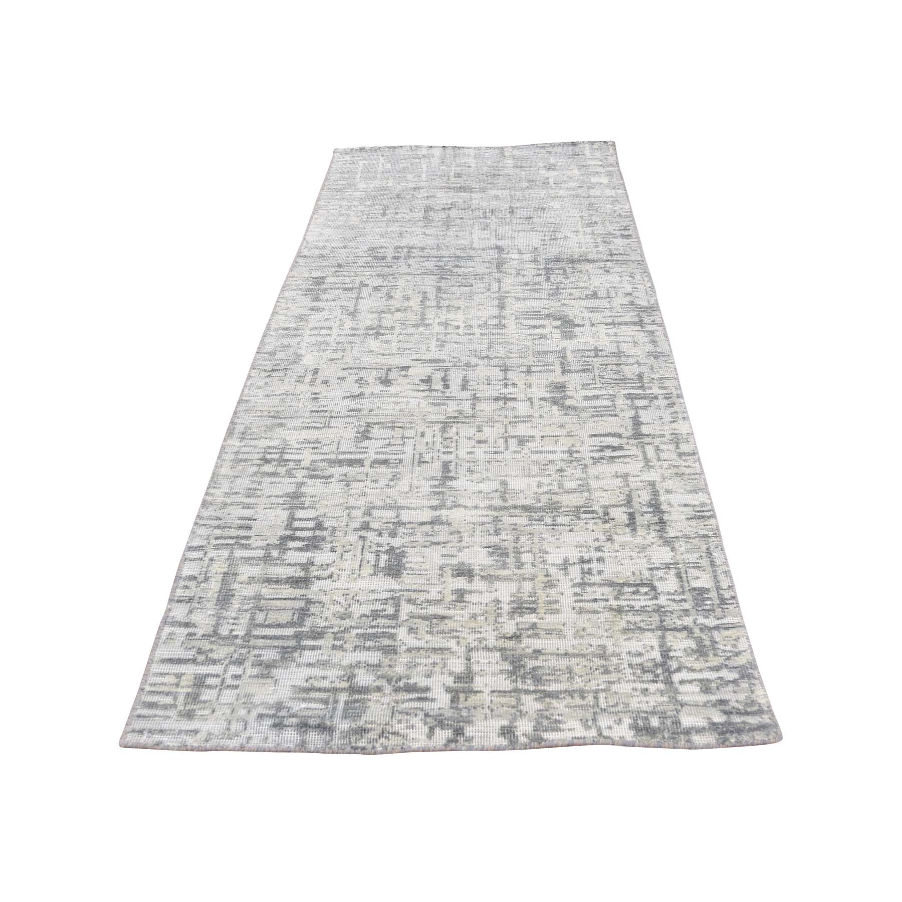 2'6"x8'1" THE MATRIX Pure Silk with Textured Wool Tone on Tone Hand Woven Rug 