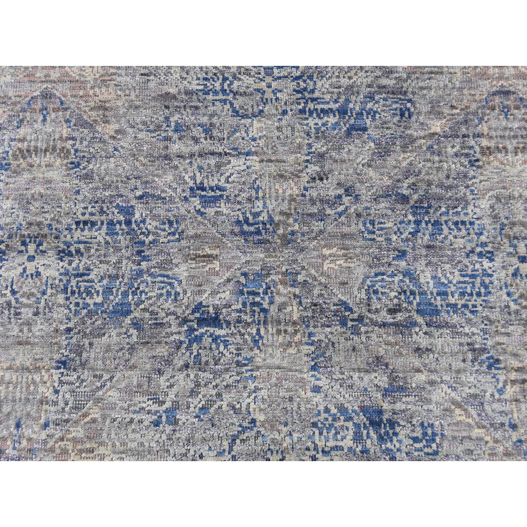 8'x10' Silk With Textured Wool Denim Blue Erased Rosette Design Hand Woven Oriental Rug 