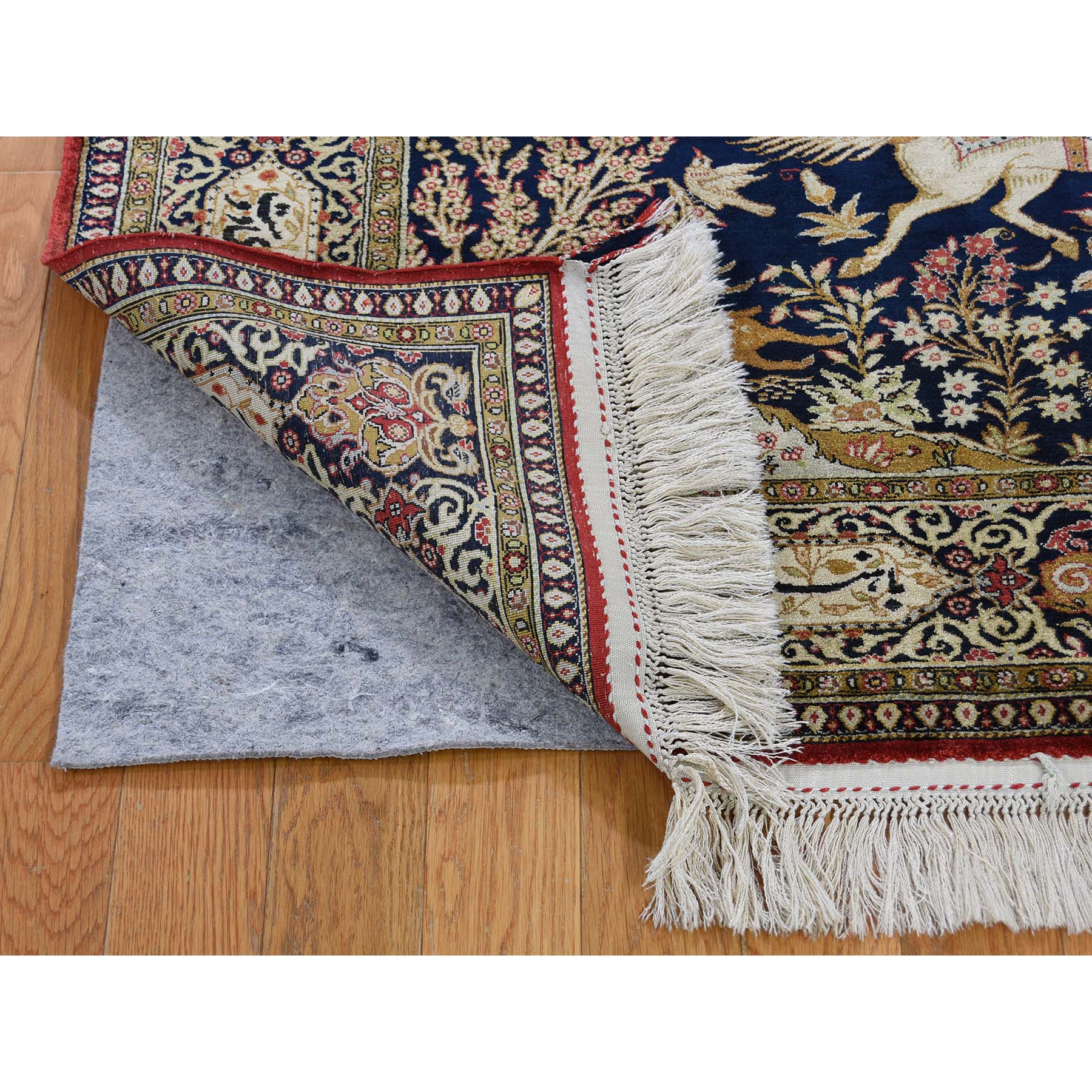 4'4"x6'8" Navy Blue Vintage Persian Silk Qum Hunting Design With Poetry Hand Woven Oriental Rug 