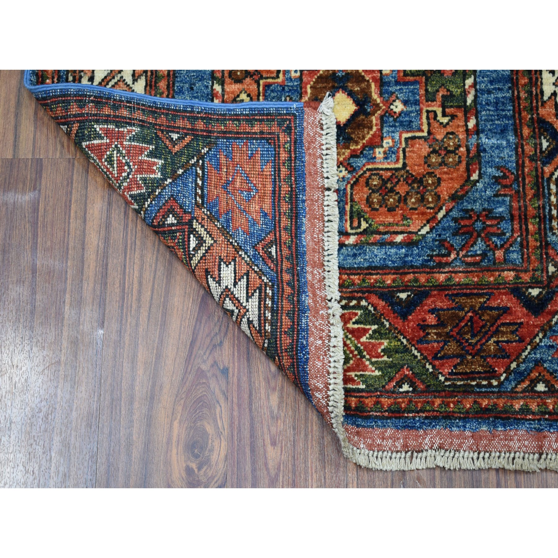 2'8"x9'2" Blue Afghan Ersari Runner Elephant Feet Design Pure Wool Hand Woven Oriental Rug 