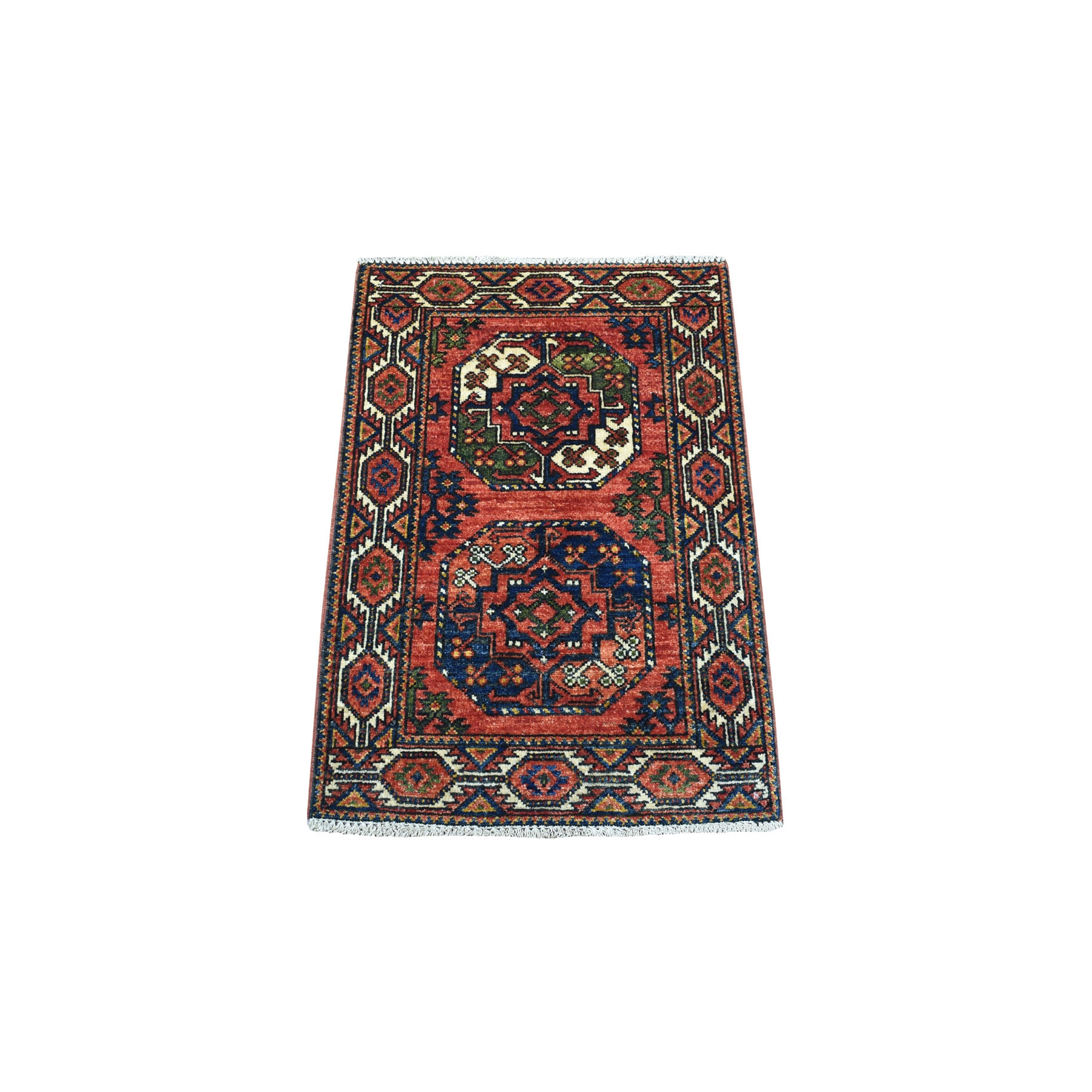 2'x2'10" Orange Afghan Turkoman Ersari Elephant Feet Design Organic Wool Hand Woven Oriental Rug 