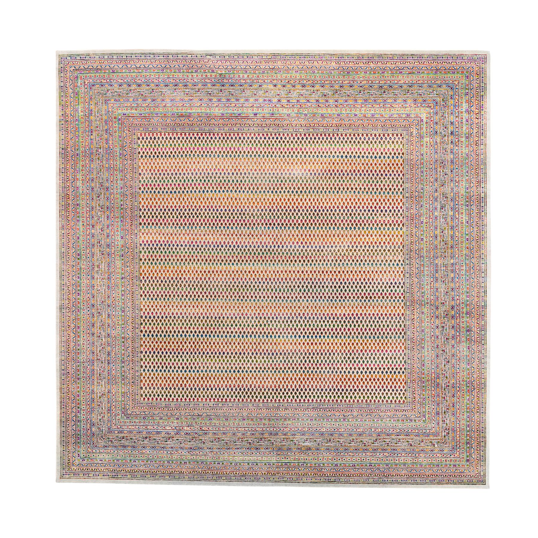 14'x14' Colorful Wool And Sari Silk Sarouk Mir Inspired With Multiple Borders Hand Woven Oriental Square Rug 