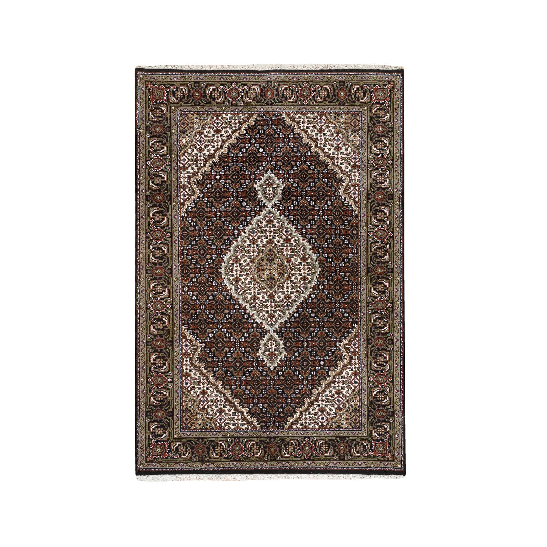 4'x6'3" Rich Black Tabriz Mahi with Fish Medallion Design Wool and Silk 175 KPSI Hand Woven Oriental Rug 
