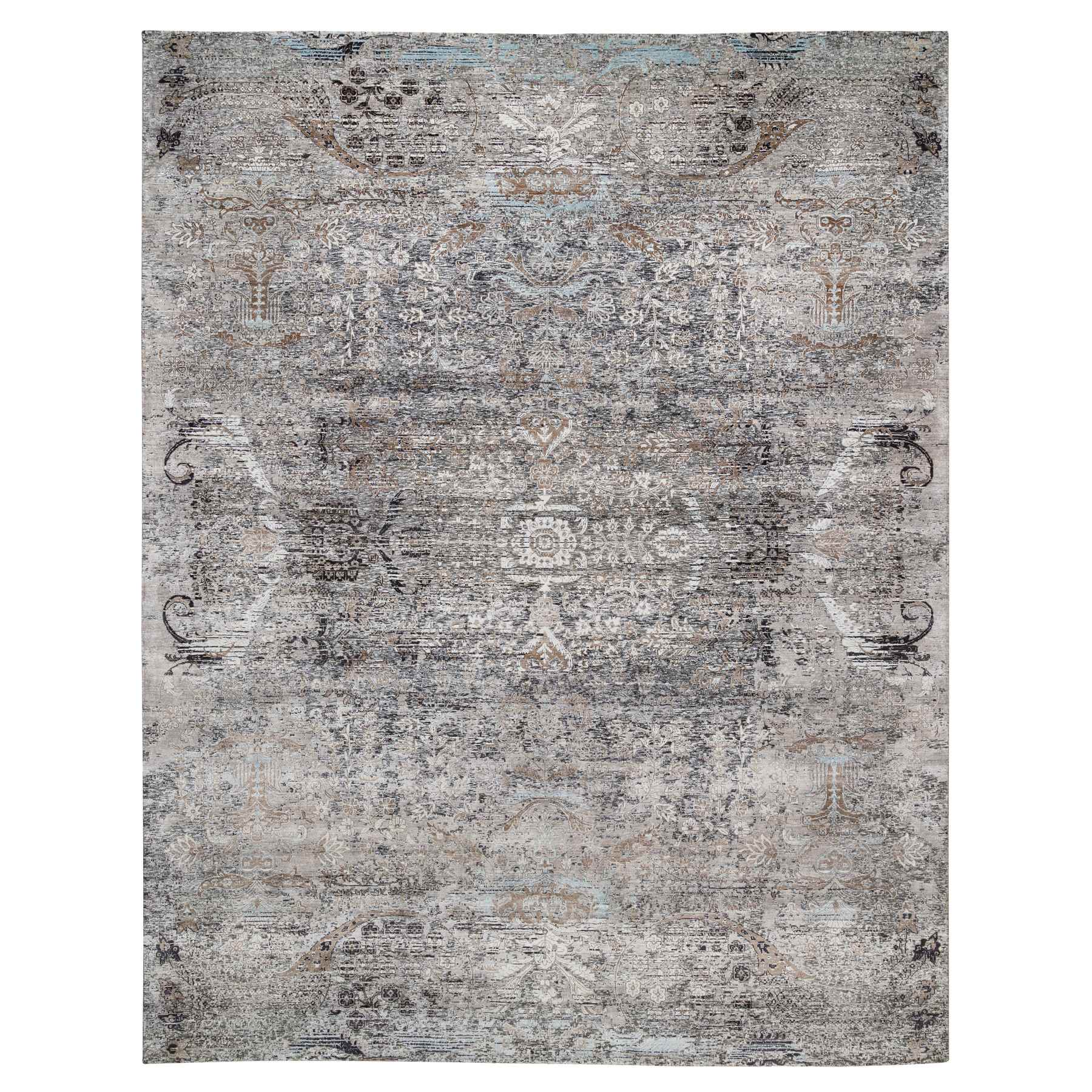 11'10"x15' Gray, Modern Transitional Persian Influence Erased Medallion Design, Silk with Textured Wool Hand Woven, Oversized Oriental Rug 