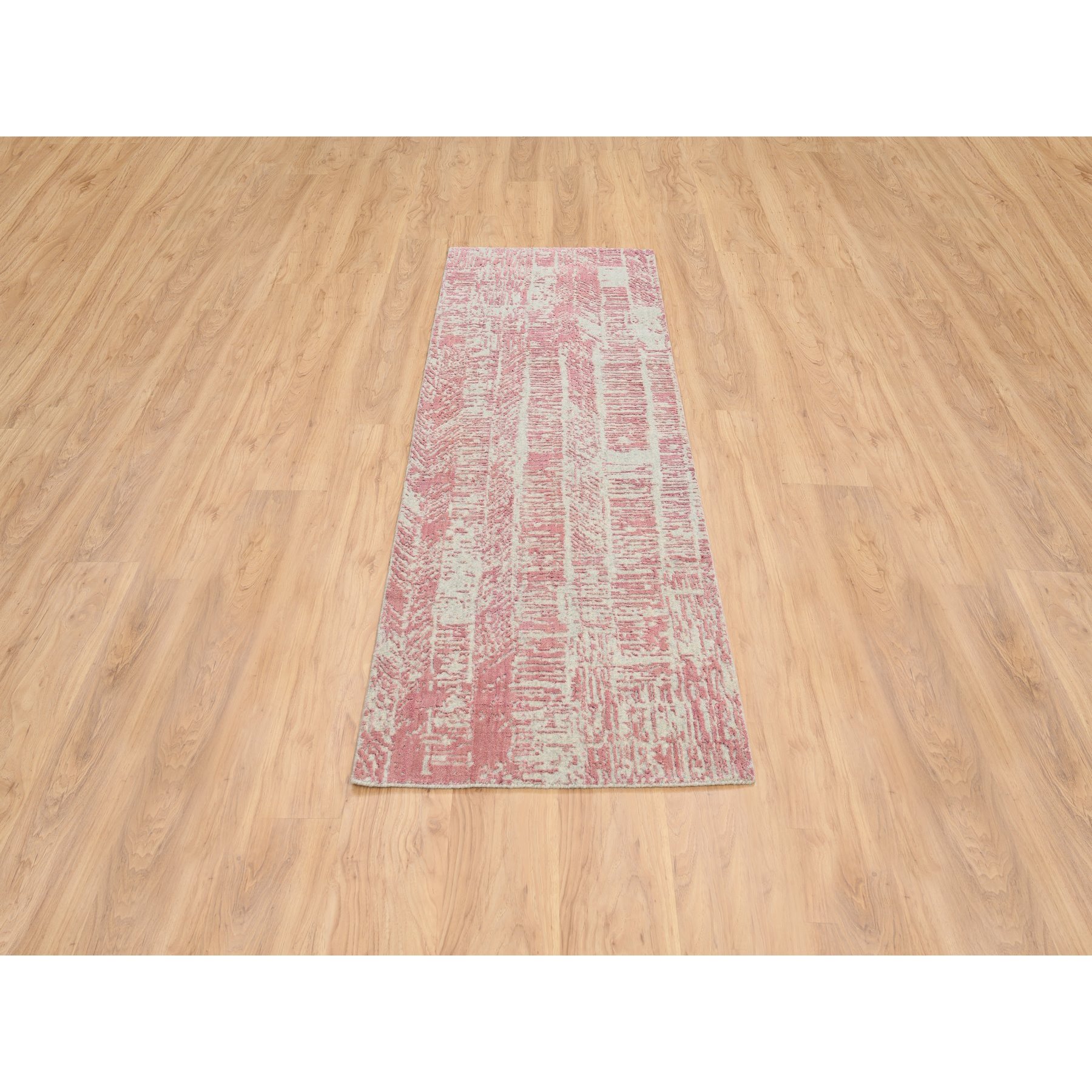2'6"x8' Rose Pink, Jacquard Hand Loomed, All Over Design Wool and Art Silk, Runner Oriental Rug 
