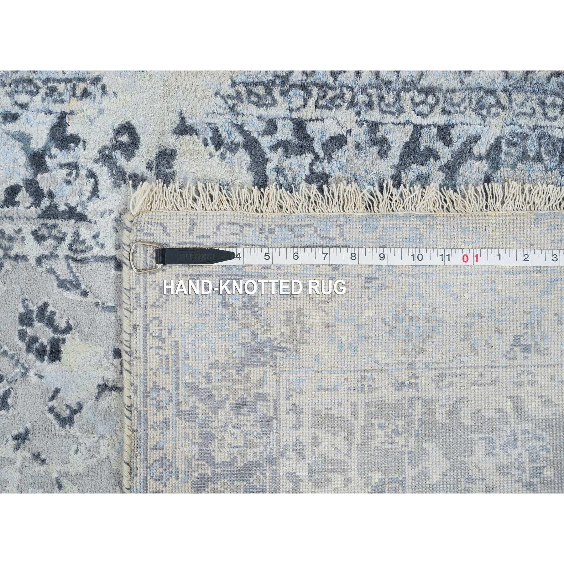 Light Gray, Pure Silk with Wool Hand Woven, Broken Kashan Design, Runner Oriental Rug 