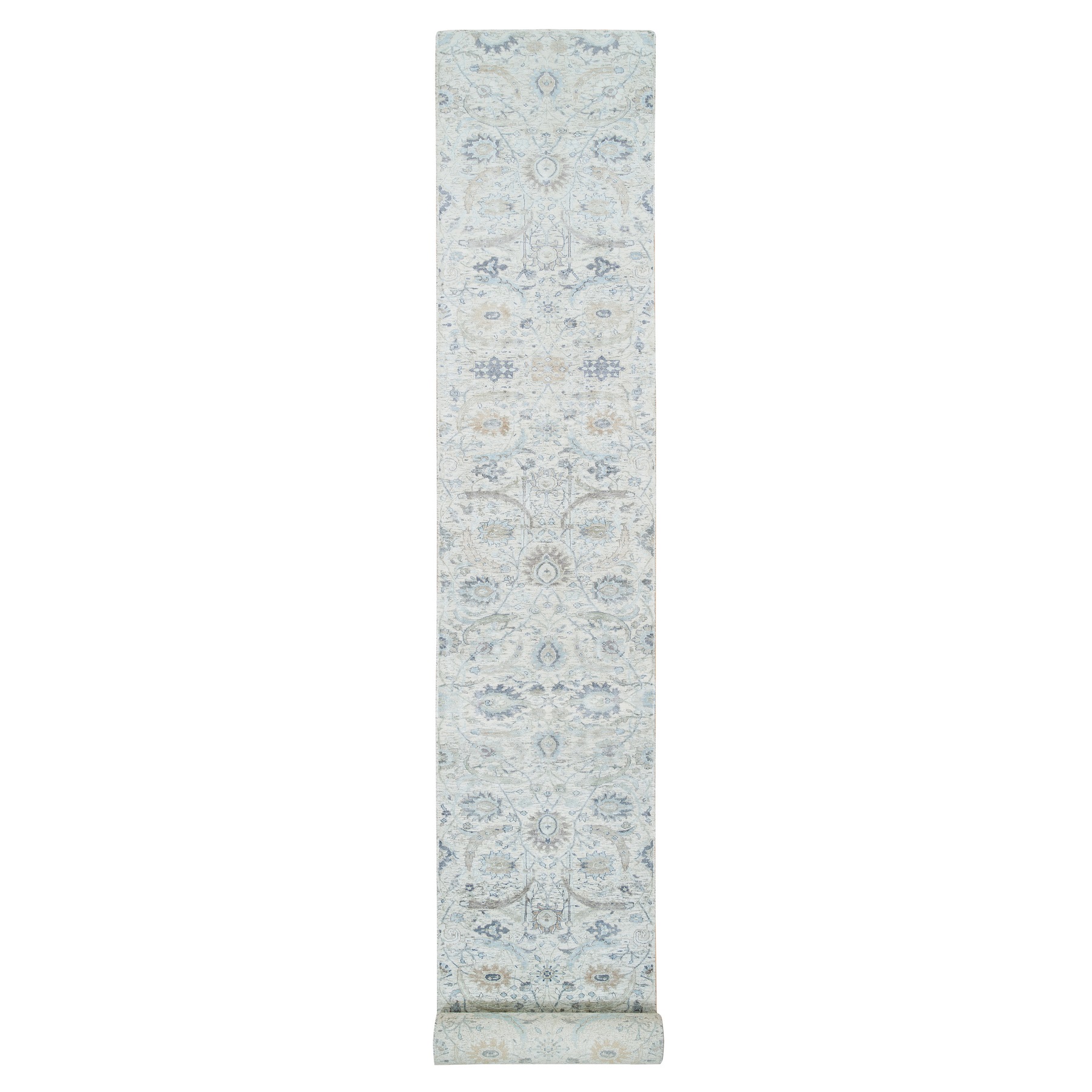 2'6"x23'10" Ivory, Silk With Textured Wool Hand Woven, Sickle Leaf Design Soft Pile, XL Runner Oriental Rug 
