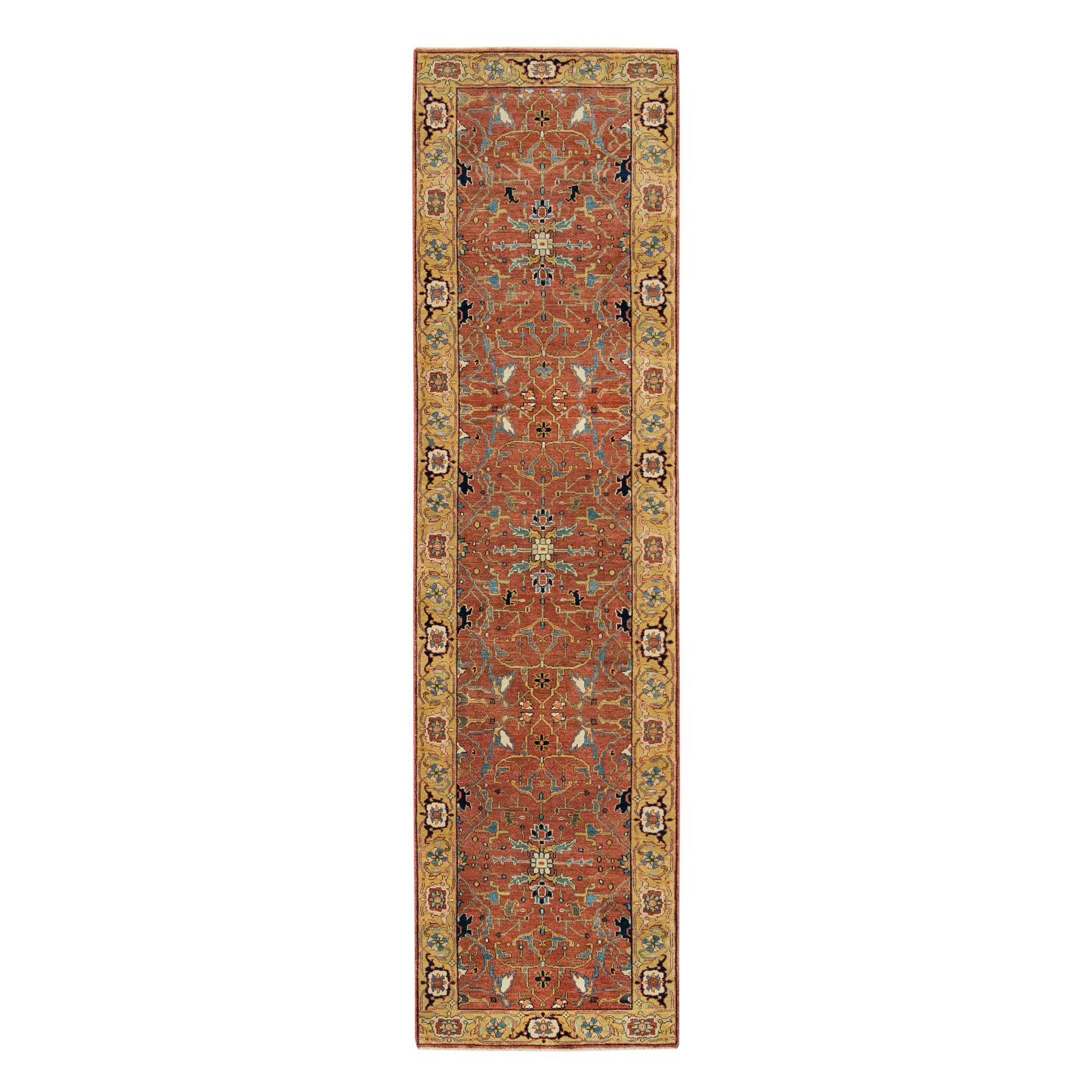 2'6"x10'3" Terracotta Red, Dense Weave, Antiqued Fine Heriz Re-Creation, Hand Woven, Soft and Plush, 100% Wool, Oriental Rug 