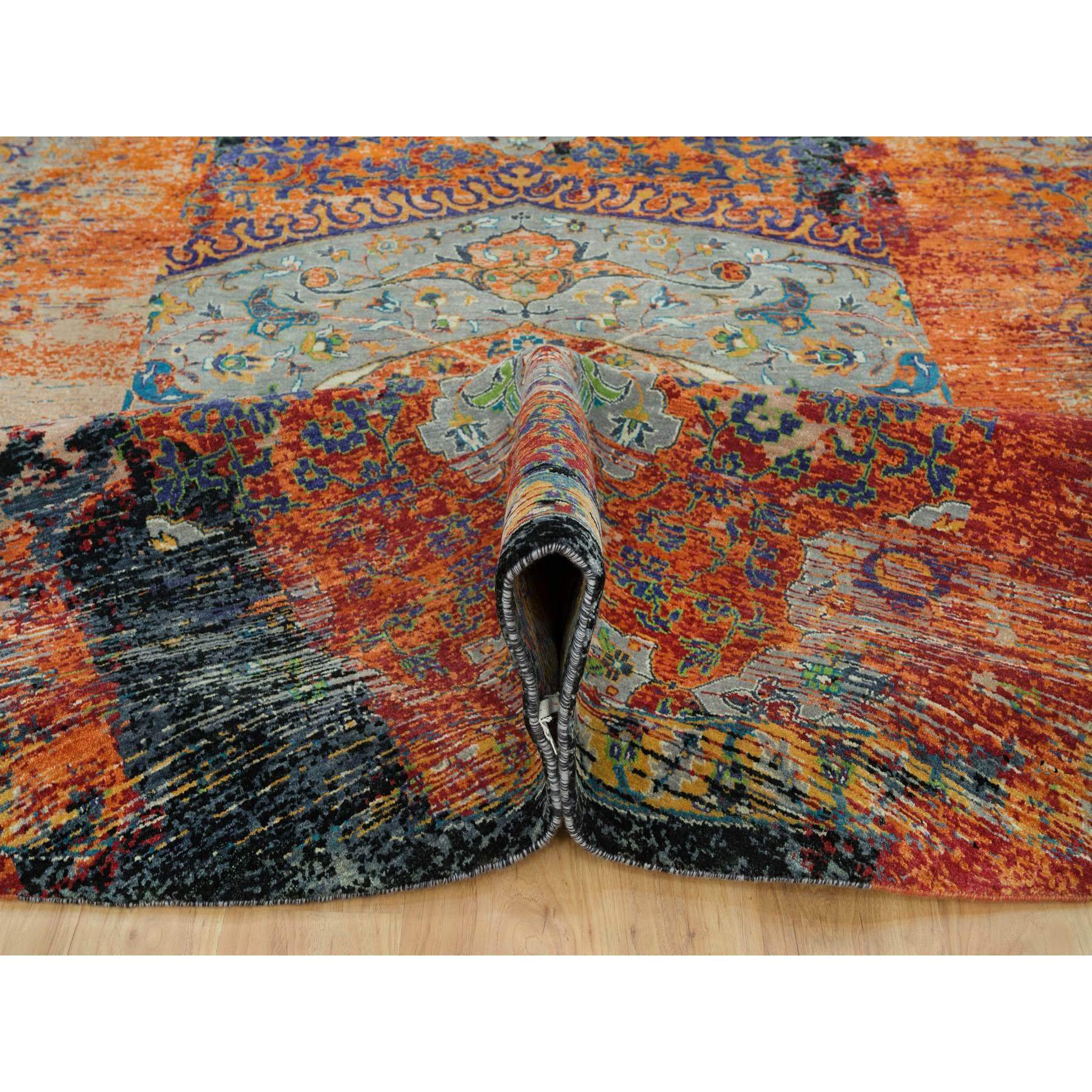12'1"x12'1" Metallic Orange, Ancient Ottoman Erased Design, Ghazni Wool, Hand Woven, Round Oriental Rug 