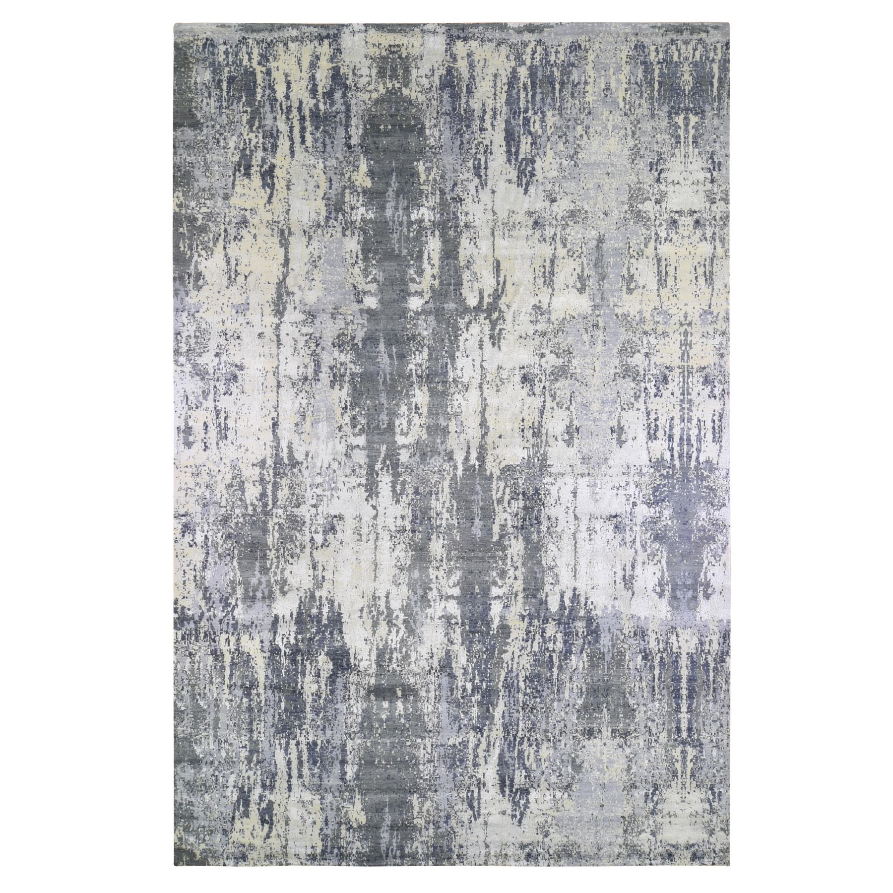 12'x18'1" Oversized Abstract Design with Persian Knot Wool and Silk Denser Weave Charcoal Gray Hand Woven Oriental Rug 