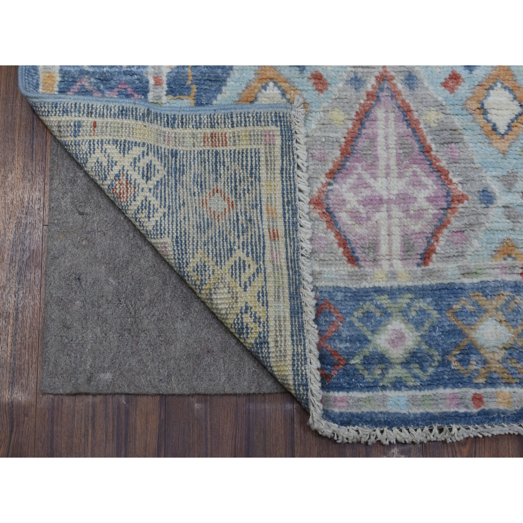 3'x12' Hand Woven Denim Blue Geometric Anatolian Village Inspired Angora Oushak Organic Wool Wide Runner Oriental Rug 