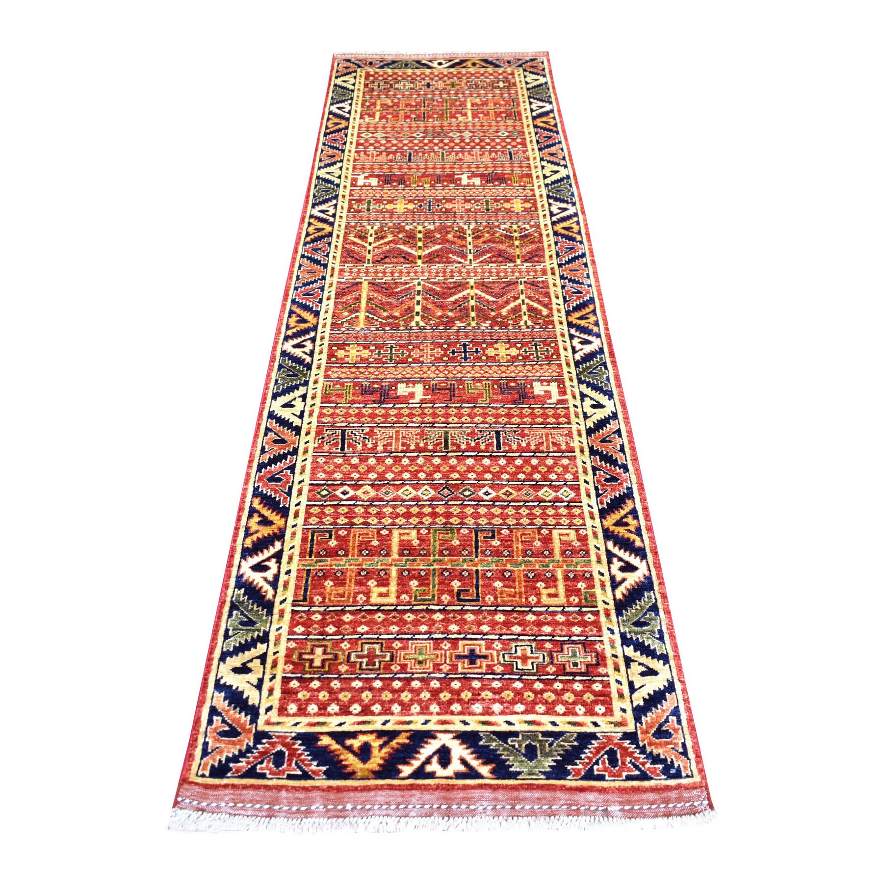 2'8"x9'7" Coral Red, Afghan Ersari with Bijar Garus Design, Ancient Animal Figurines, Natural Dyes, Densely Woven, Extra Soft Wool, Hand Woven, Runner Oriental Rug 