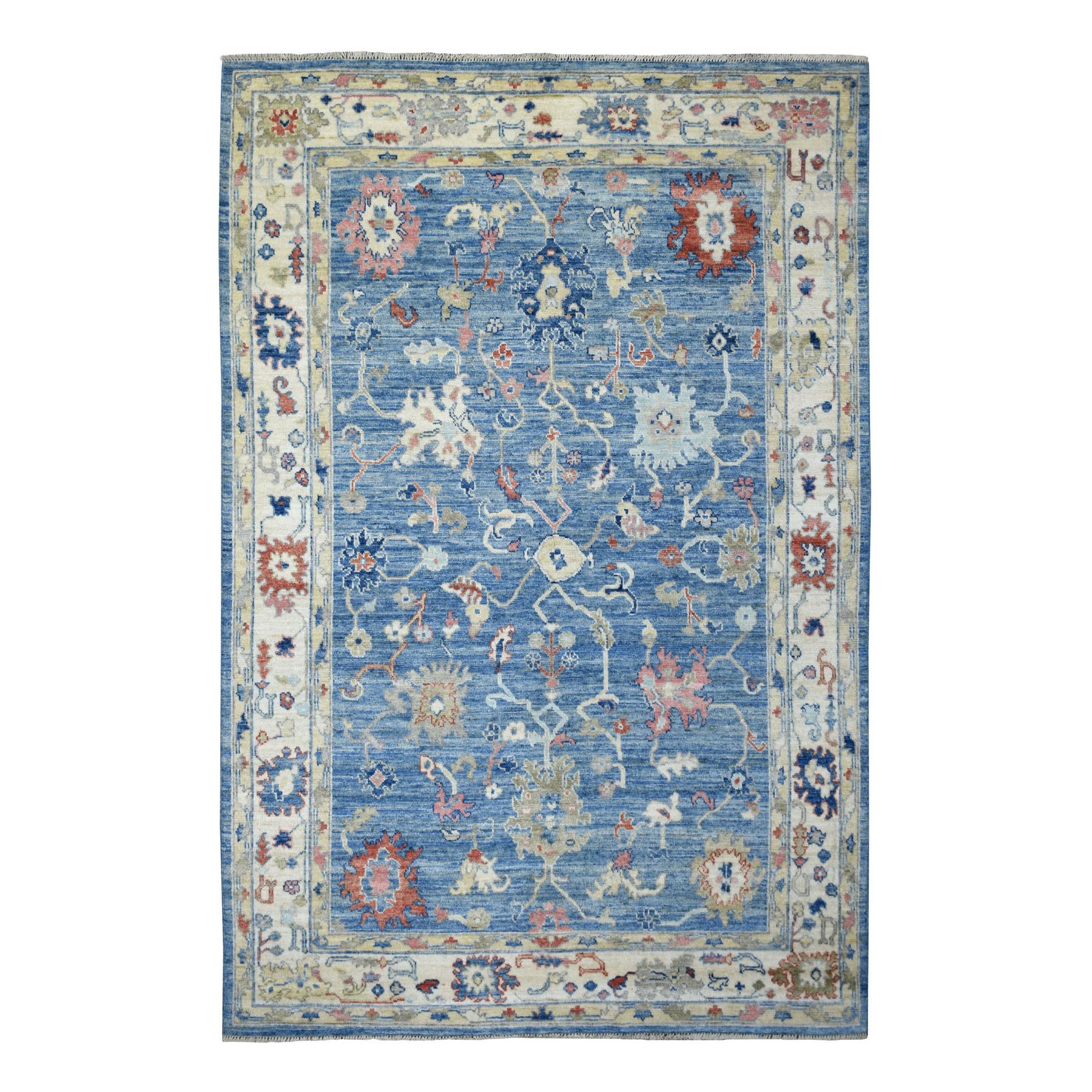 6'1"x8'10" Denim Blue Afghan Angora Oushak with Colorful Leaf Design, Hand Woven, Soft and Shiny Wool Oriental Rug 