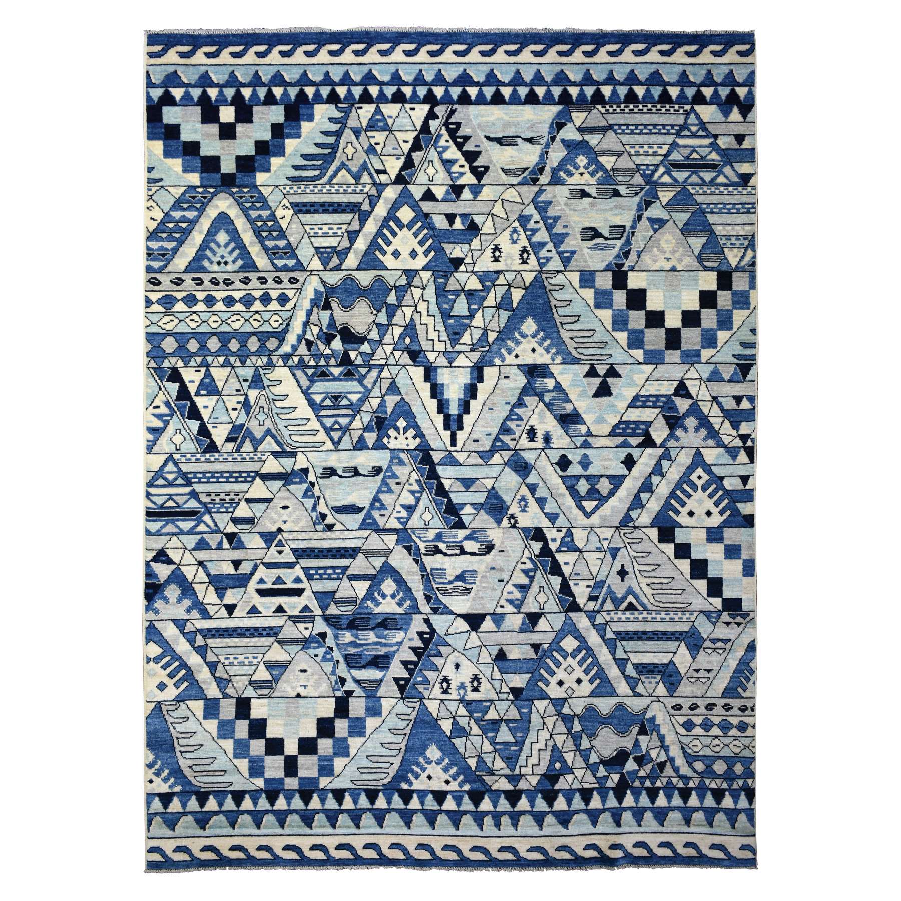 9'x12' Denim Blue, Anatolian Village Inspired Geometric Style Natural Dyes, Soft Wool Hand Woven, Oriental Rug 