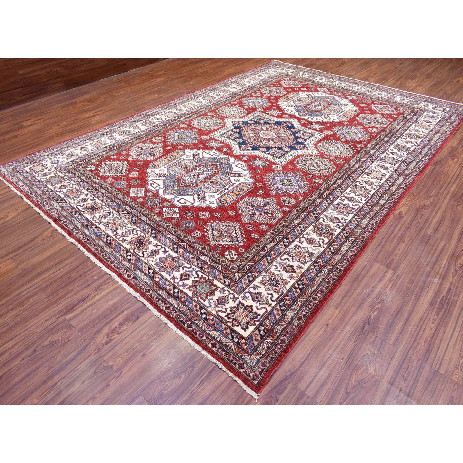 8'10"x13' Brick Red, Afghan Super Kazak with Khorjin Design Natural Dyes, Densely Weave Pure Wool Hand Woven, Oriental Rug 