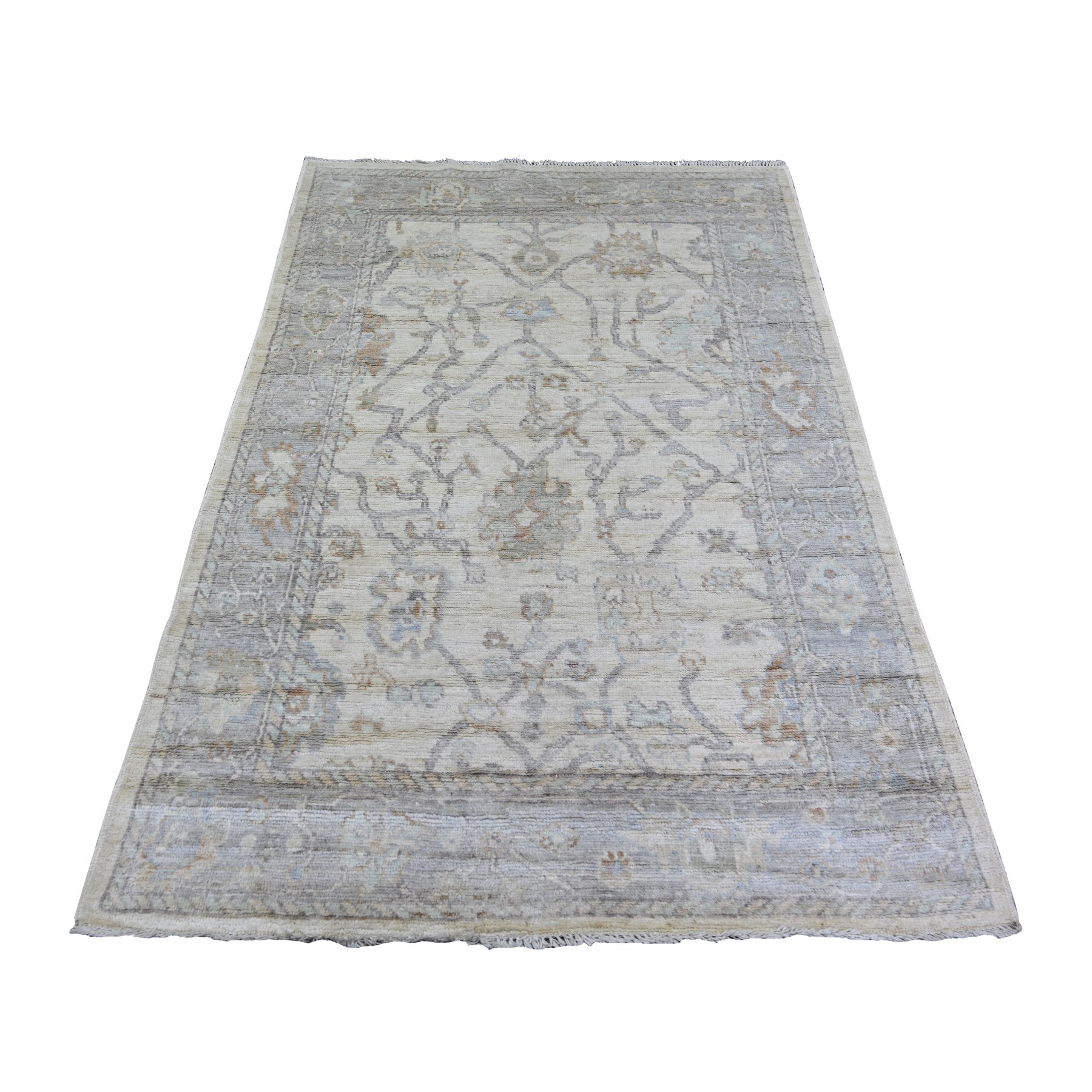 4'x6'1" Ivory, Hand Woven Afghan Angora Oushak with All Over Design, Vegetable Dyes Organic Wool, Oriental Rug 