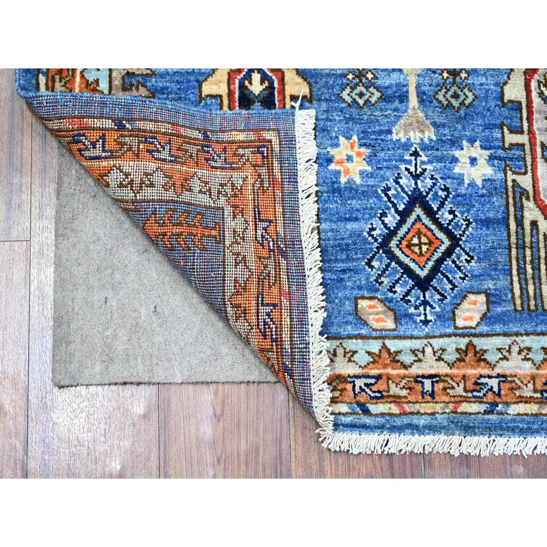 3'2"x5' Cornflower Blue, Densely Woven, Shiny Wool, Hand Woven, Afghan Ersari with Geometric Gul Motifs, Vegetable Dyes, Oriental Rug 