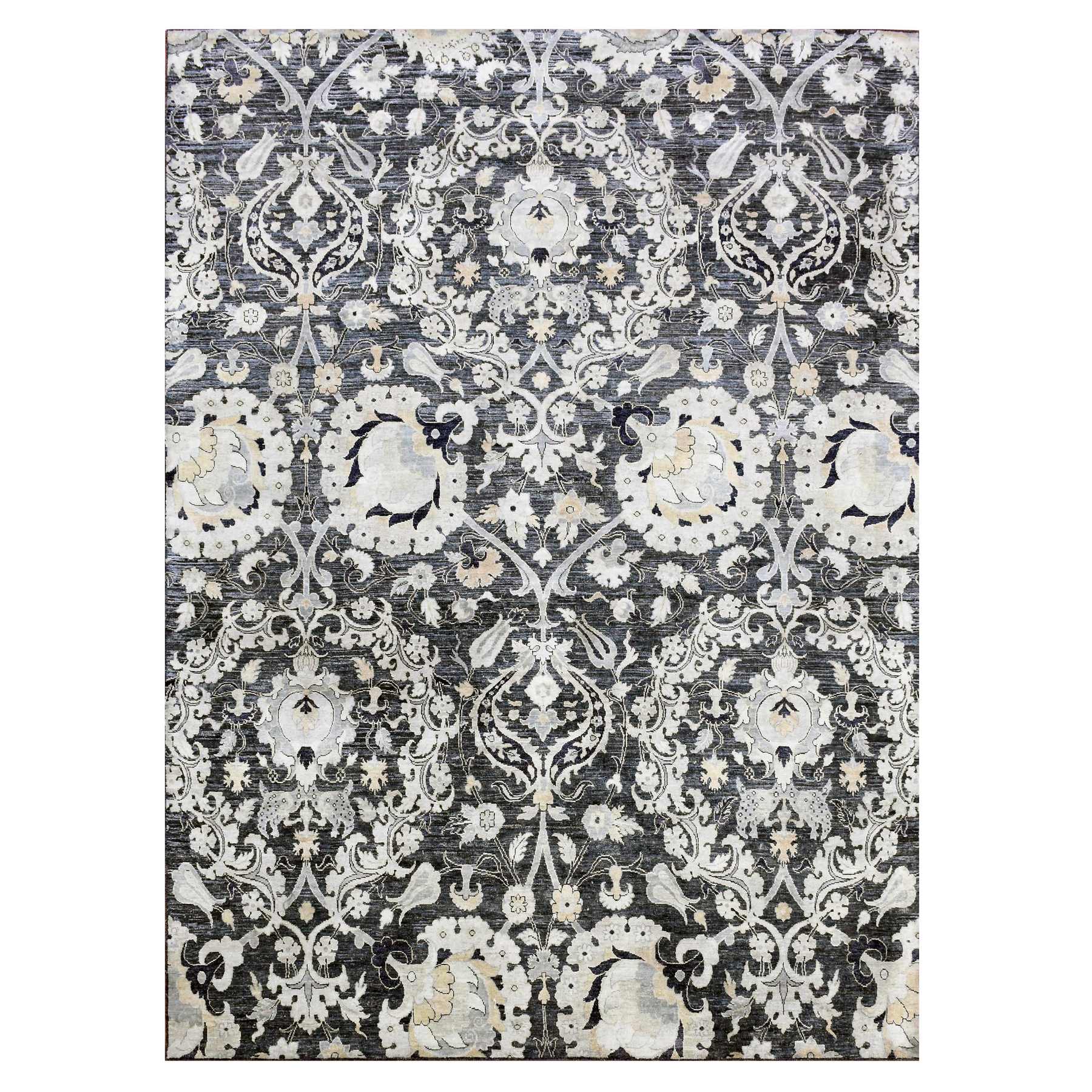 8'2"X10' Gray-Blue Tulip and Large Blossom Design Pure Silk with Textured Wool Hand Woven Oriental Rug 