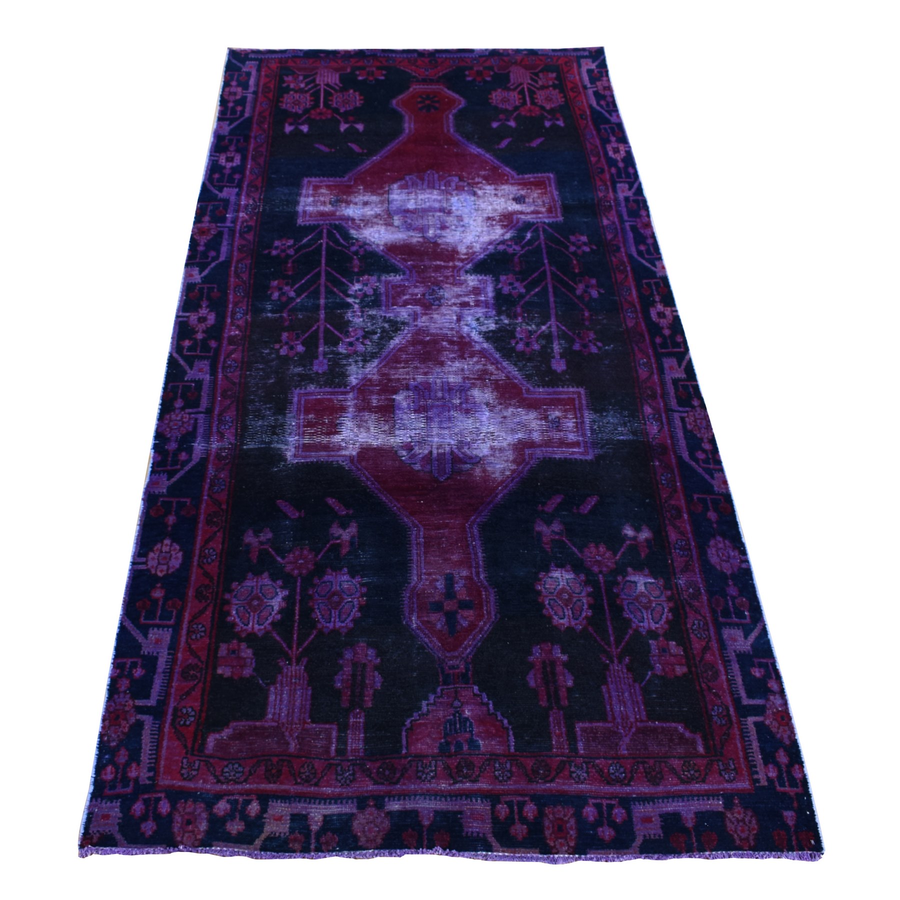 4'6"x10' Pansy Purple, Clearance, Overdyed Vintage Persian Hamadan, Hand Woven, Soft Wool, Wide Runner, Oriental Rug 