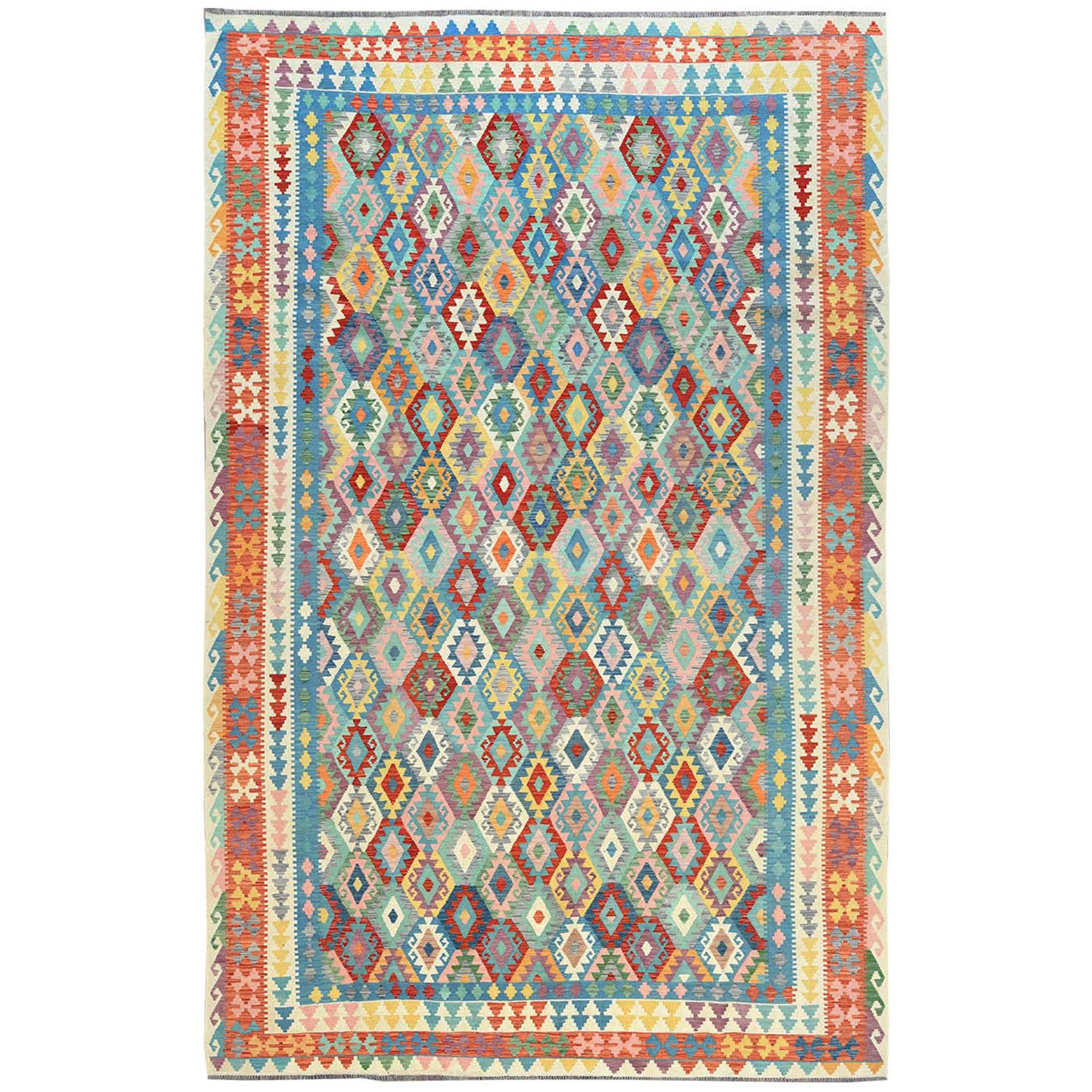 10'5"x16'4" Colorful, Pure Wool Hand Woven, Afghan Kilim with Geometric Design Flat Weave Veggie Dyes, Reversible Oversized Oriental Rug 