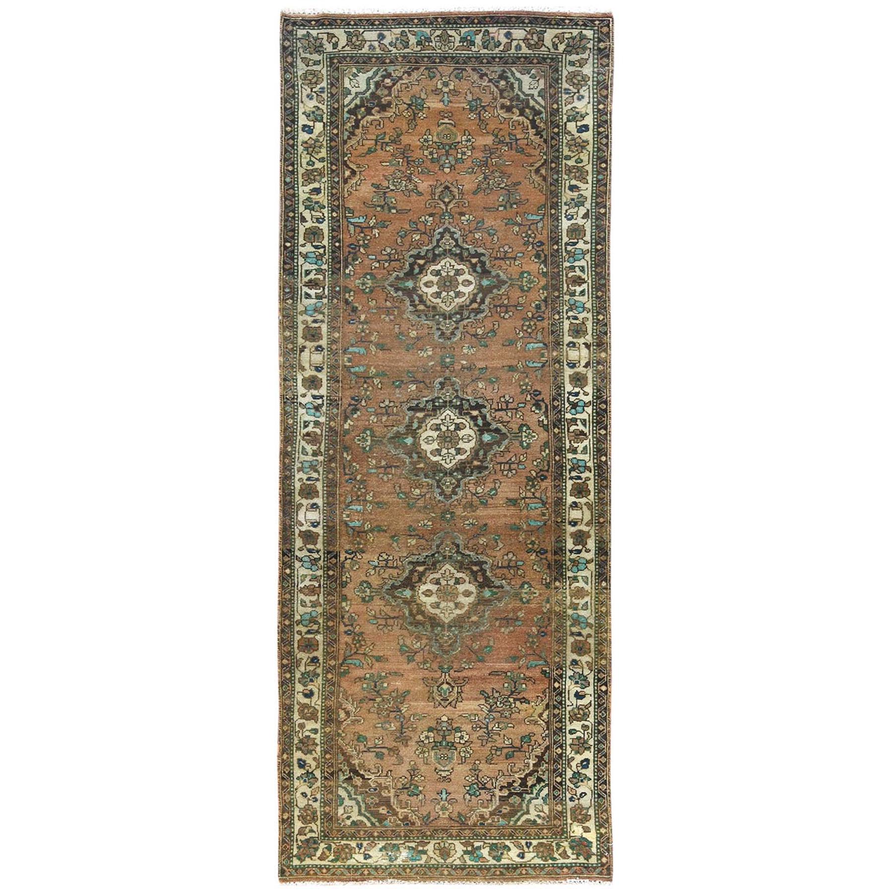 3'3"x9'8" Honey Brown with Touches of Green, Vintage Persian Hamadan, Hand Woven, Pure Wool, Distressed Look, Worn Down Wide Runner Oriental Rug 