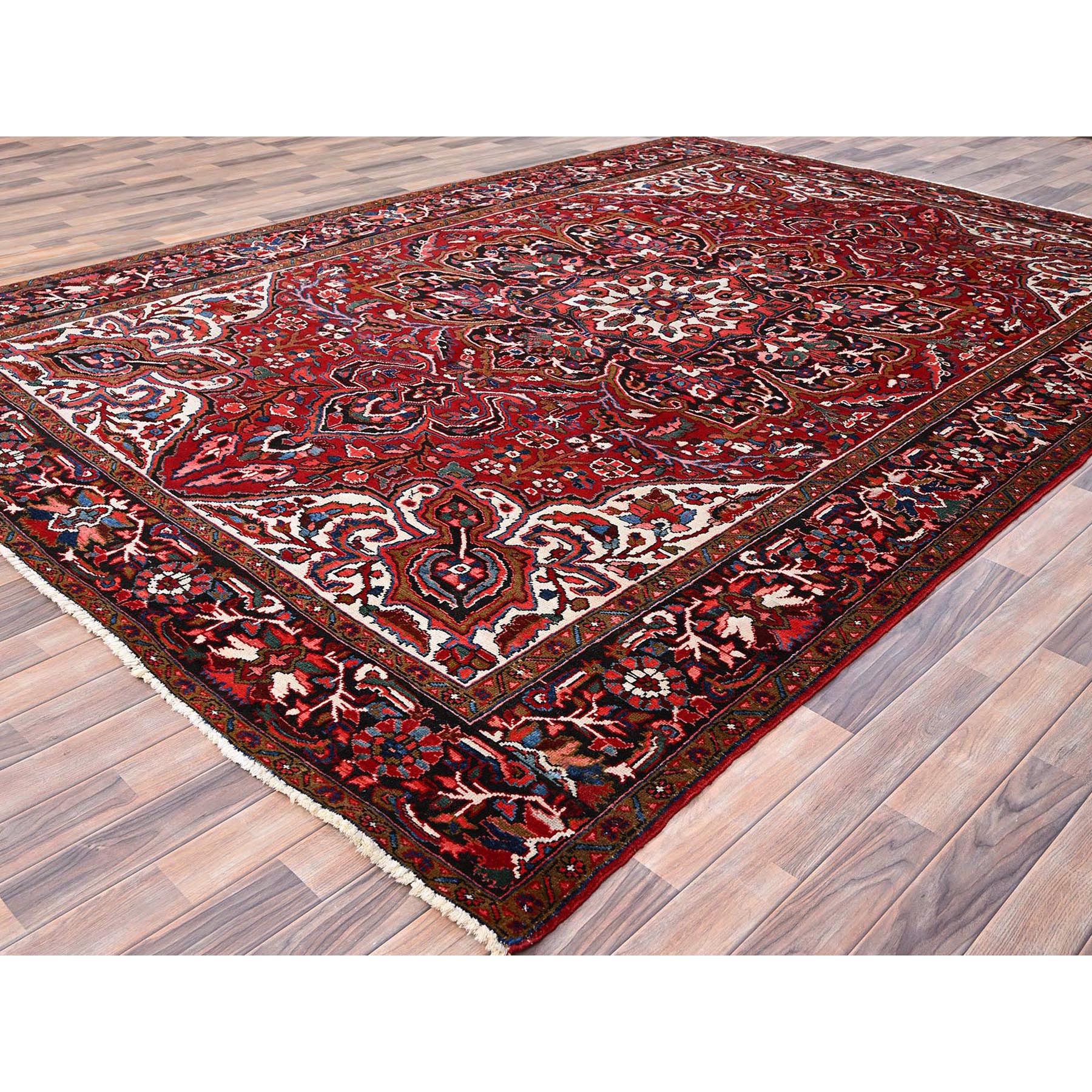 8'8"x12'1" Cardinals Red, Distressed Feel, Evenly Worn, Pure Wool, Hand Woven, Semi Antique Persian Heriz, Good Condition, Oriental Rug 