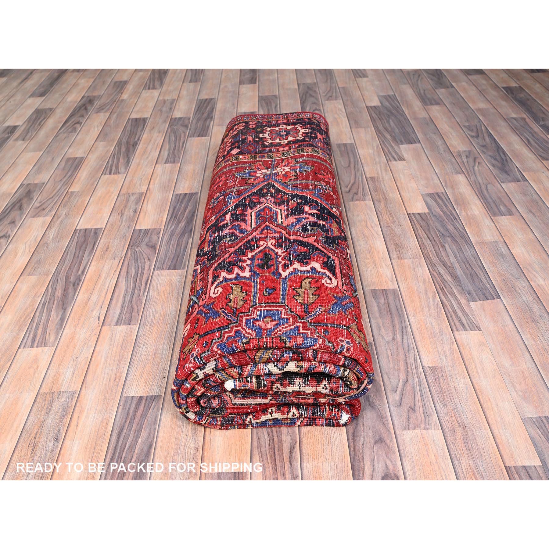 8'7"x11'5" Fire Brick Red, Hand Woven, Semi Antique Persian Heriz, Good Condition, Rustic Look, Worn Wool, Oriental Rug 