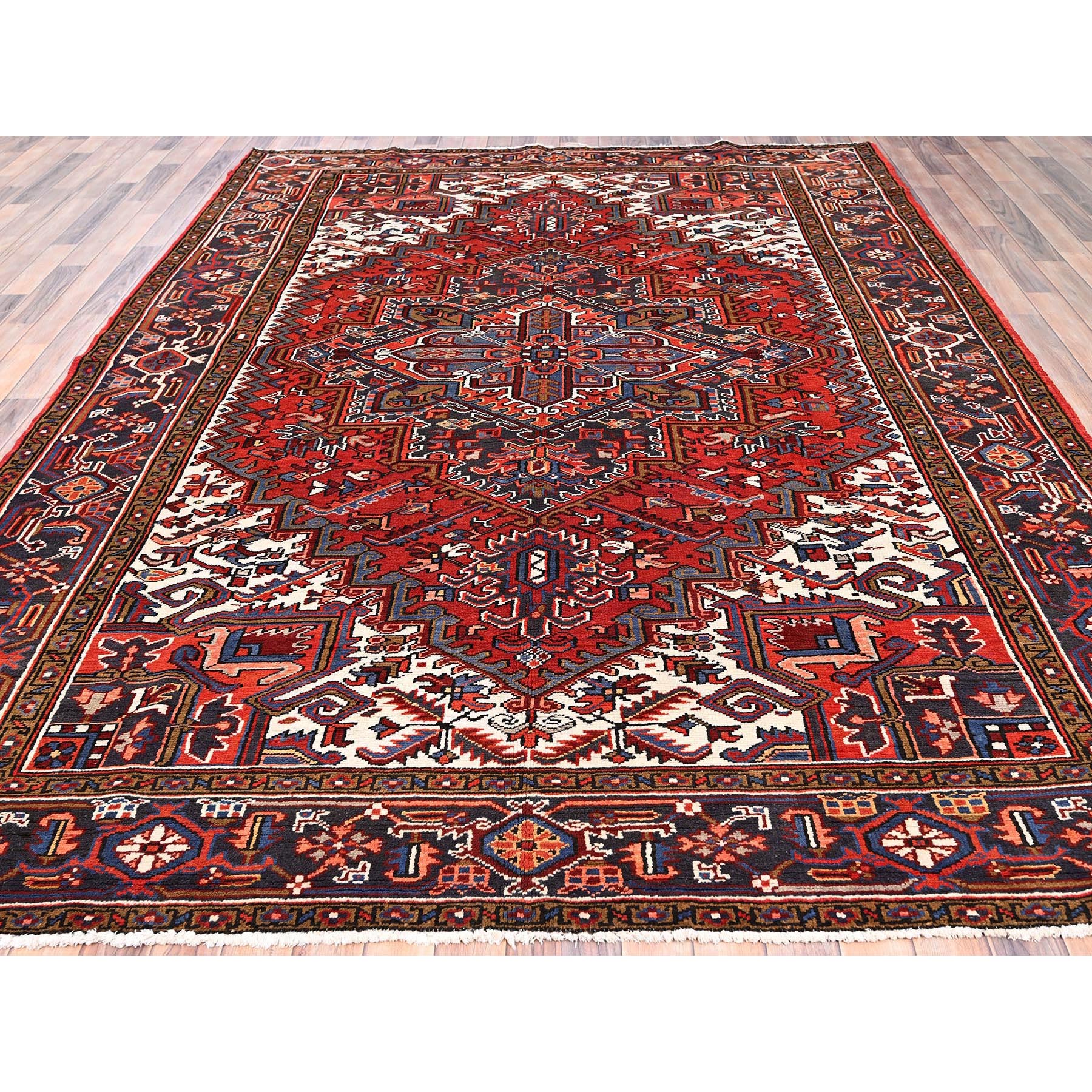 8'1"x11'1" Imperial Red, Semi Antique Persian Heriz with Village Motif, Good Condition, Rustic Feel, Worn Wool, Hand Woven, Oriental Rug 