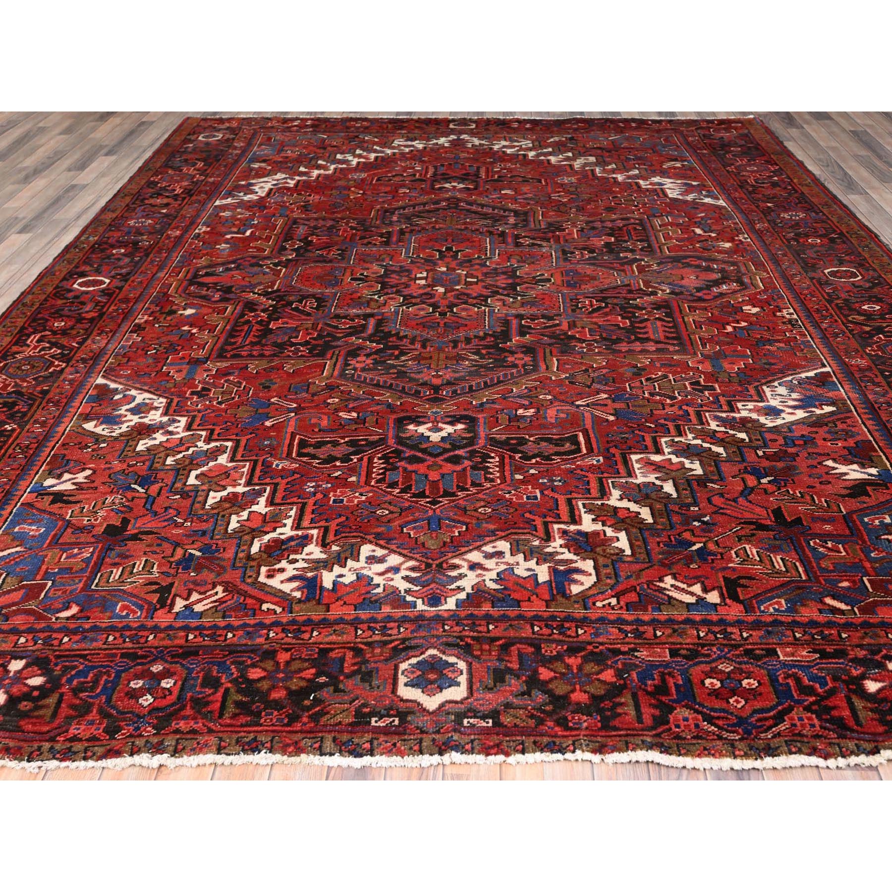 10'2"x13'1" Imperial Red, Hand Woven, Semi Antique Persian Heriz with Tribal Ambience, Good Condition, Distressed Look, Pure Wool, Oriental Rug 