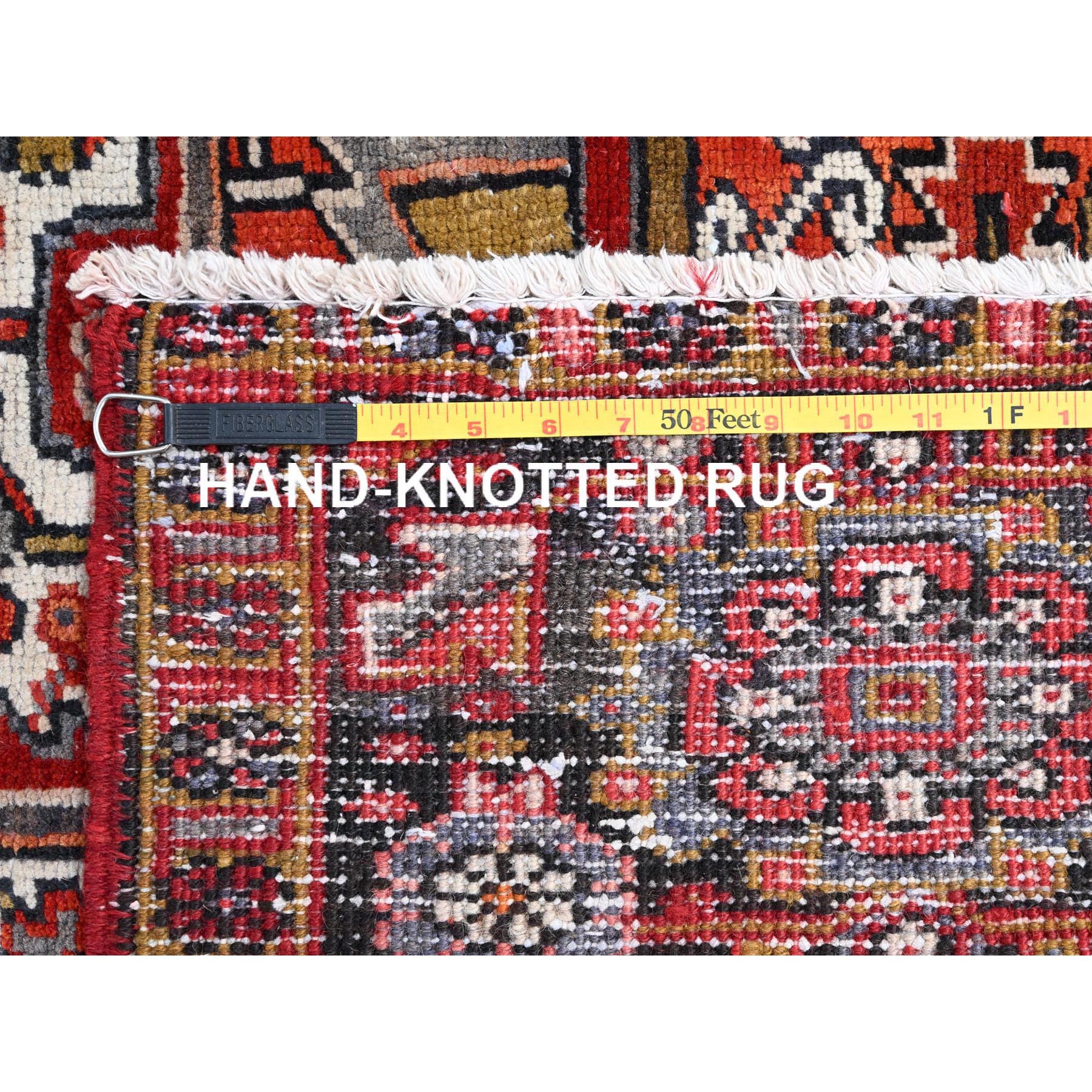 10'3"x13' Turkey Red, Rustic Look, Worn Wool, Hand Woven, Semi Antique Persian Heriz with Geometric Pattern, Good Condition, Oriental Rug 