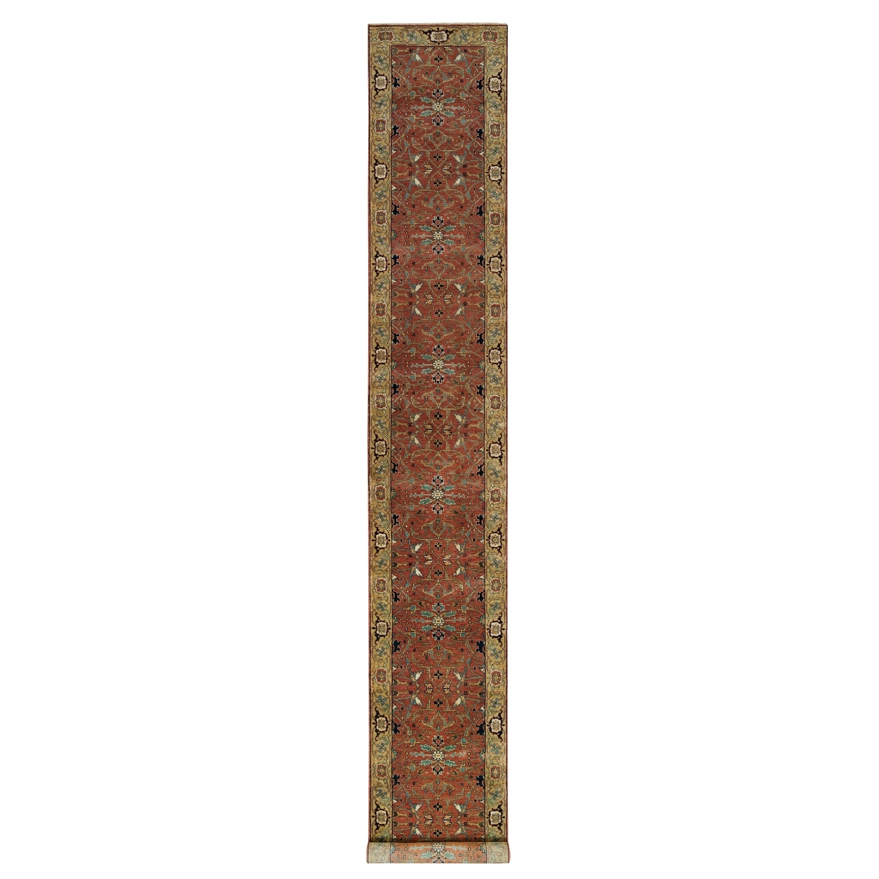 2'7"x17'9" Brick Red, Antiqued Densely Woven Fine Heriz Re-Creation, Hand Woven, Vegetable Dyes, Soft and Plush, 100% Wool, Runner Oriental Rug 