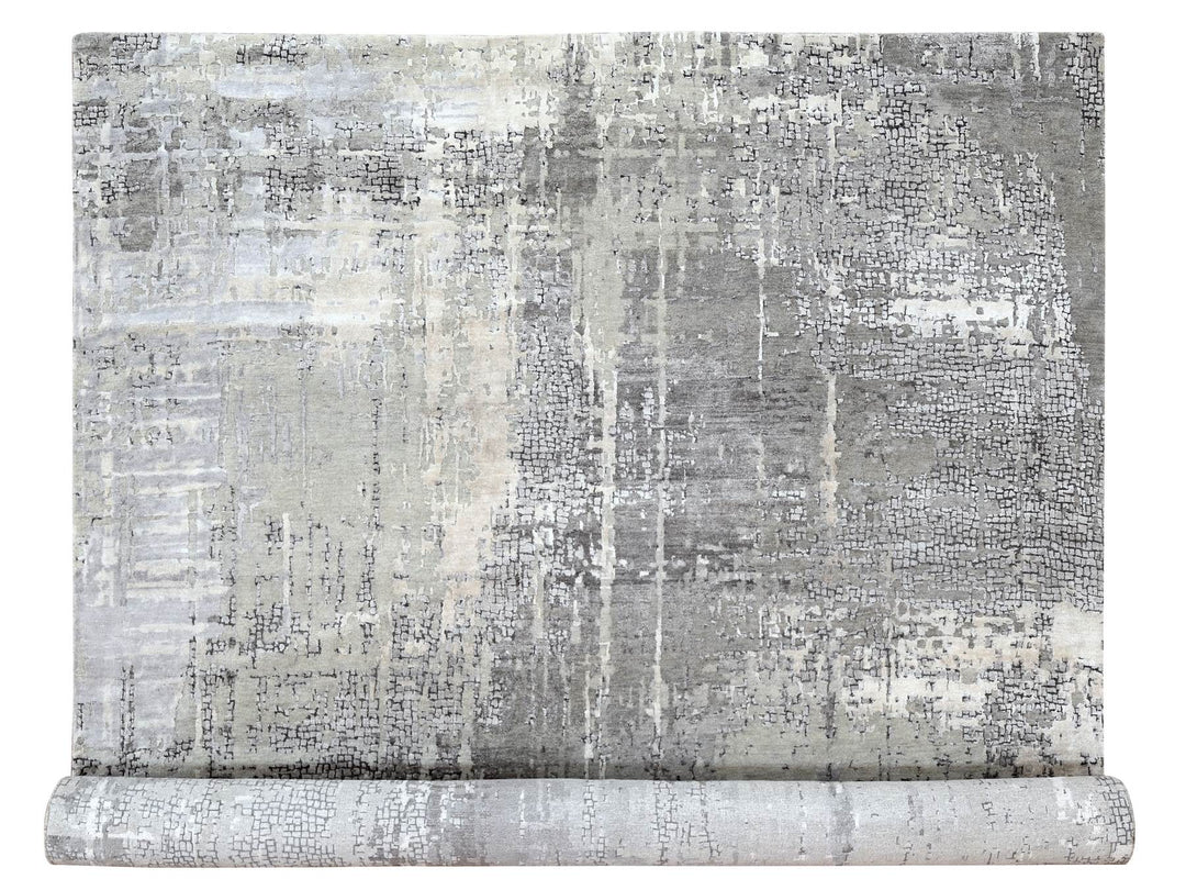 10'0" x 13'10" New Hand Knotted Grey Wool & Silk Rectangle Oriental Rug - MOA10210009