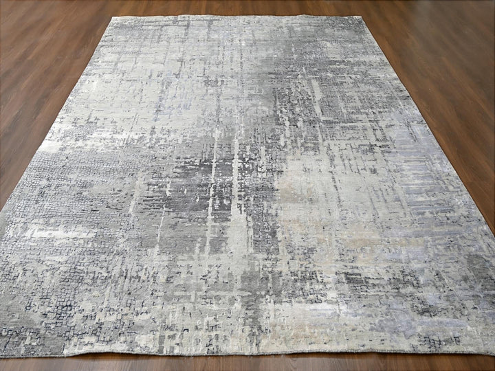 10'0" x 13'10" New Hand Knotted Grey Wool & Silk Rectangle Oriental Rug - MOA10210009