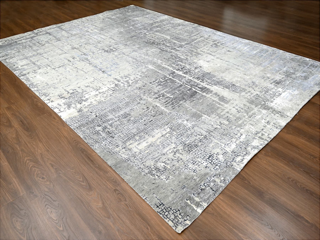 10'0" x 13'10" New Hand Knotted Grey Wool & Silk Rectangle Oriental Rug - MOA10210009