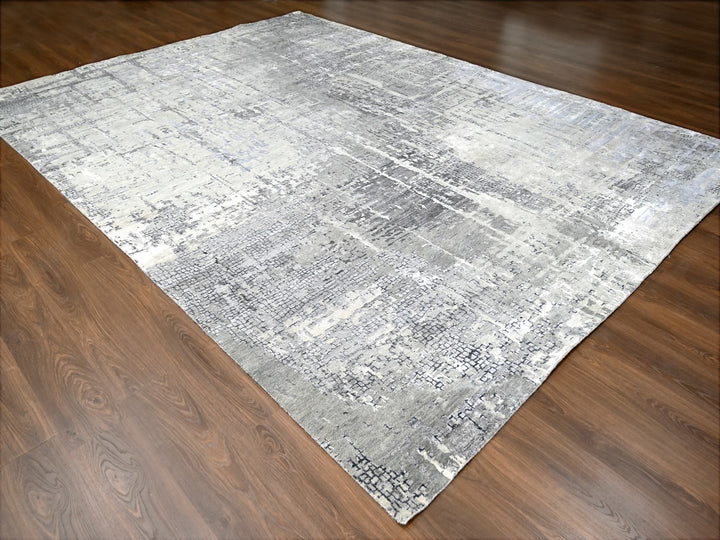 10'0" x 13'10" New Hand Knotted Grey Wool & Silk Rectangle Oriental Rug - MOA10210009