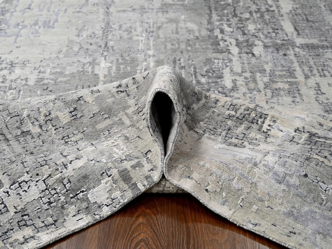 10'0" x 13'10" New Hand Knotted Grey Wool & Silk Rectangle Oriental Rug - MOA10210009