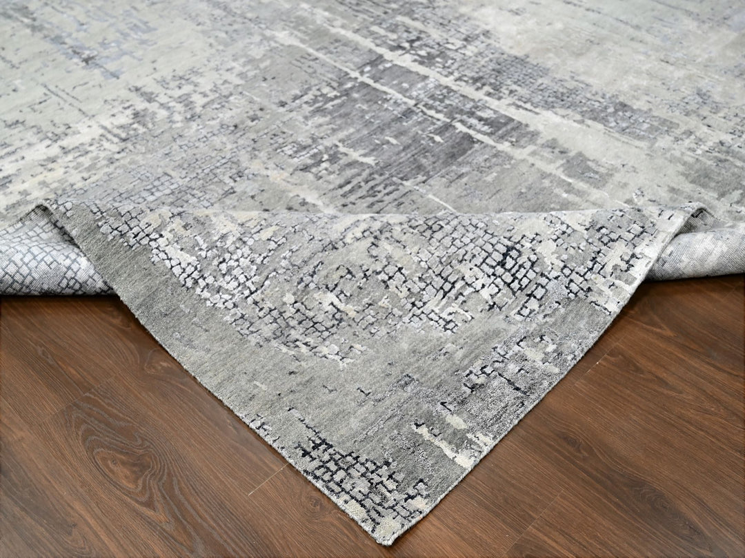 10'0" x 13'10" New Hand Knotted Grey Wool & Silk Rectangle Oriental Rug - MOA10210009