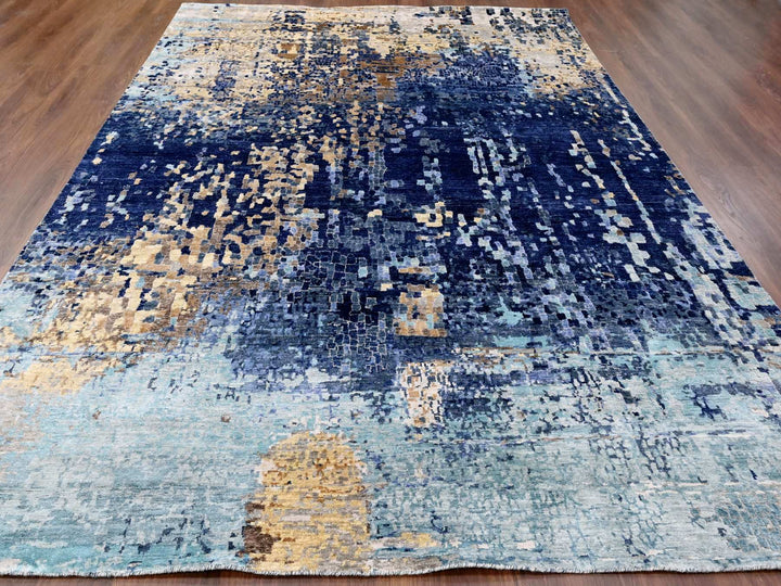 8'9" x 12'1" New Hand Knotted Blue Wool & Silk Rectangle Oriental Rug - MOA10210177