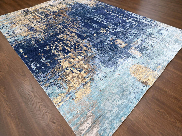 8'9" x 12'1" New Hand Knotted Blue Wool & Silk Rectangle Oriental Rug - MOA10210177