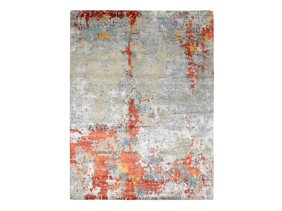 9'0" x 11'10" New Hand Knotted Orange Wool & Silk Rectangle Oriental Rug - MOA10210178