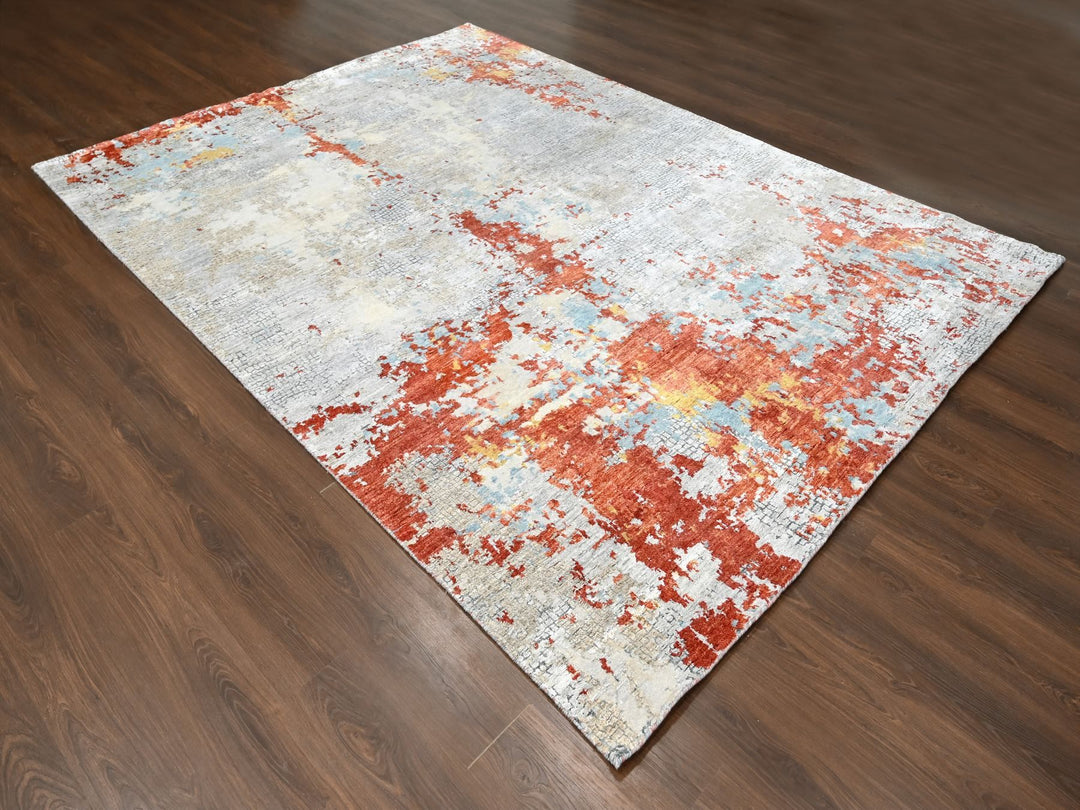 9'0" x 11'10" New Hand Knotted Orange Wool & Silk Rectangle Oriental Rug - MOA10210178