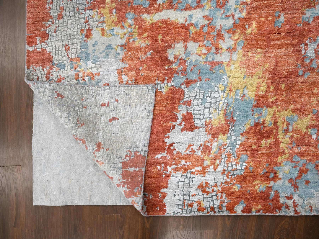 9'0" x 11'10" New Hand Knotted Orange Wool & Silk Rectangle Oriental Rug - MOA10210178