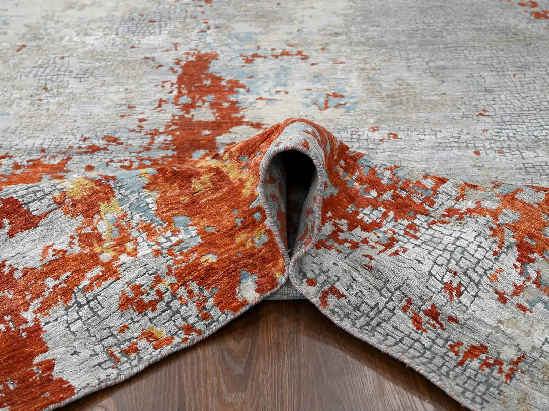 9'0" x 11'9" New Hand Knotted Orange Wool & Silk Rectangle Oriental Rug - MOA10210181