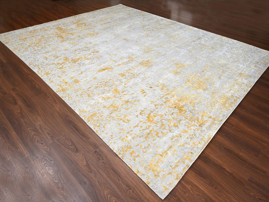 12'0" x 14'9" New Hand Knotted Beige Wool & Silk Rectangle Oriental Rug - MOA10210208