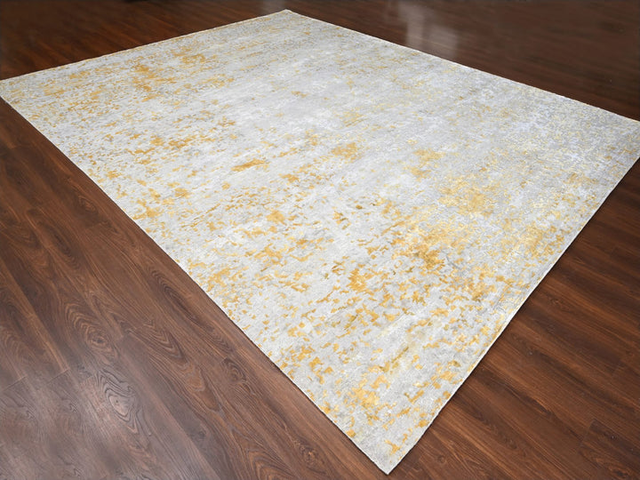 12'0" x 14'9" New Hand Knotted Beige Wool & Silk Rectangle Oriental Rug - MOA10210208