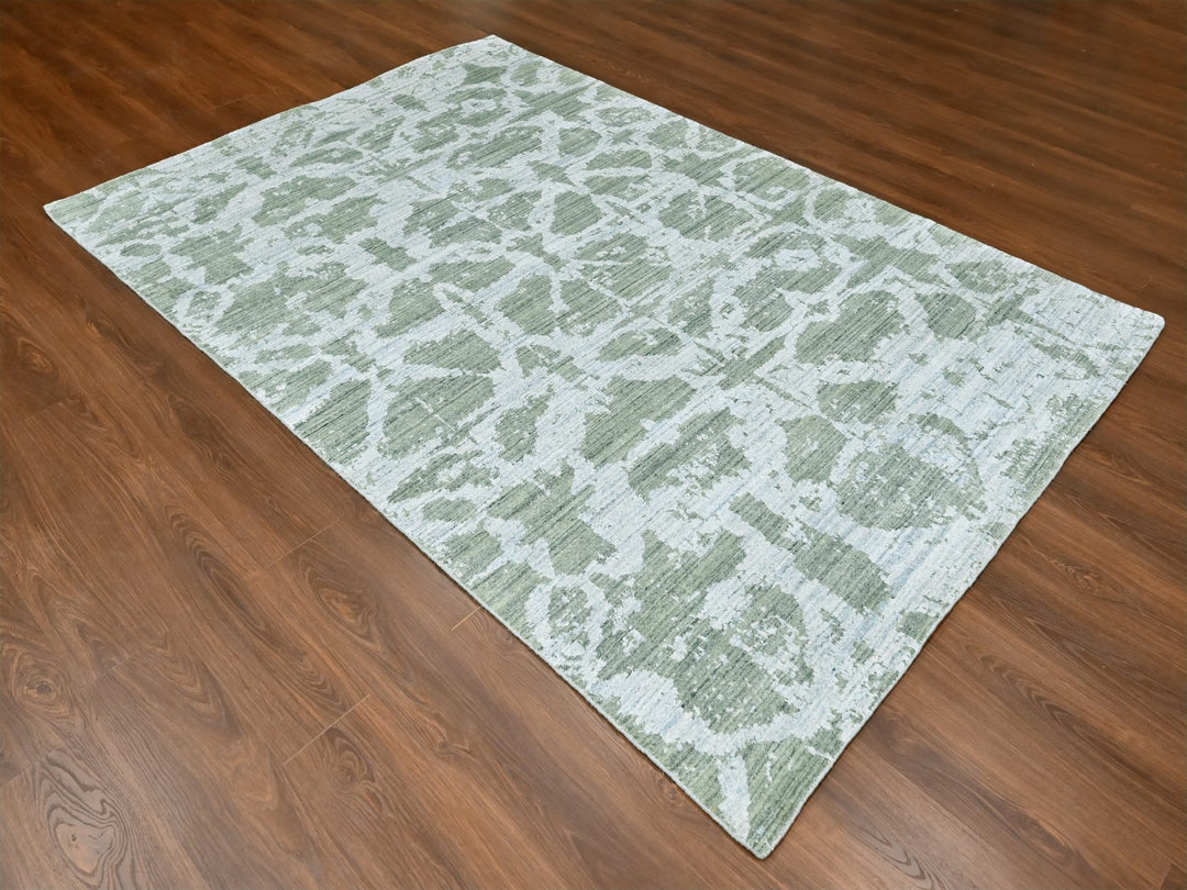 6'7" x 9'6" New Hand Loomed Green Wool & Silk Rectangle Oriental Rug - MOA10210282