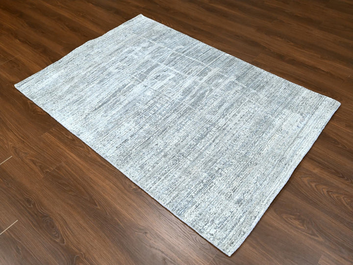 4'2" x 6'0" New Hand Loomed Grey Wool & Silk Rectangle Oriental Rug - MOA10210289