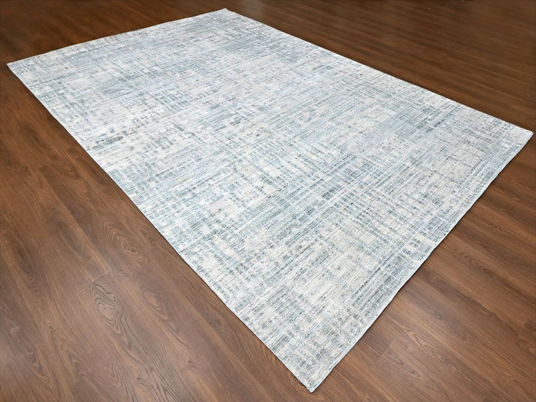 9'4" x 13'6" New Hand Loomed Grey Wool & Silk Rectangle Oriental Rug - MOA10210290