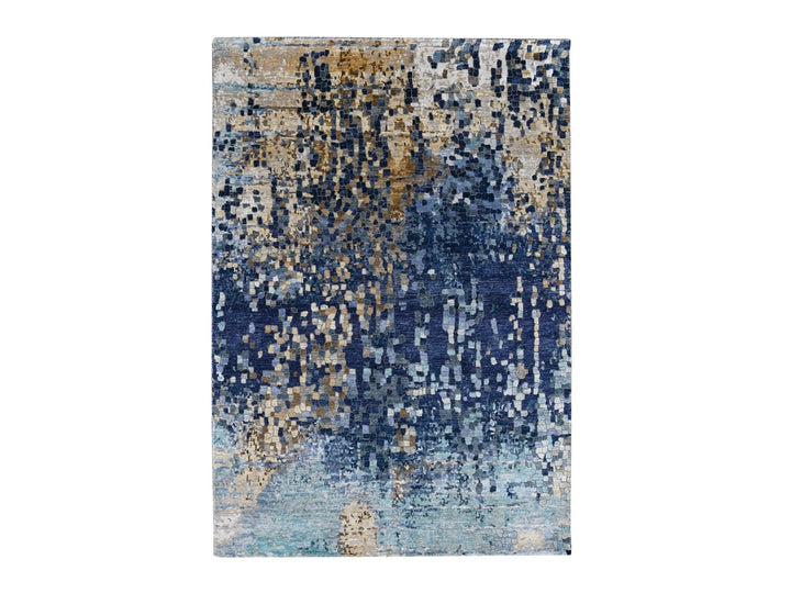 4'10" x 6'10" New Hand Knotted Blue Wool & Silk Rectangle Oriental Rug - MOA10210294