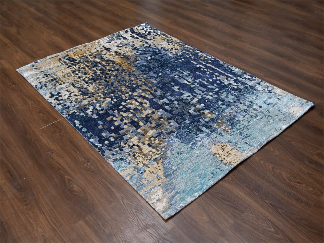 4'10" x 6'10" New Hand Knotted Blue Wool & Silk Rectangle Oriental Rug - MOA10210294